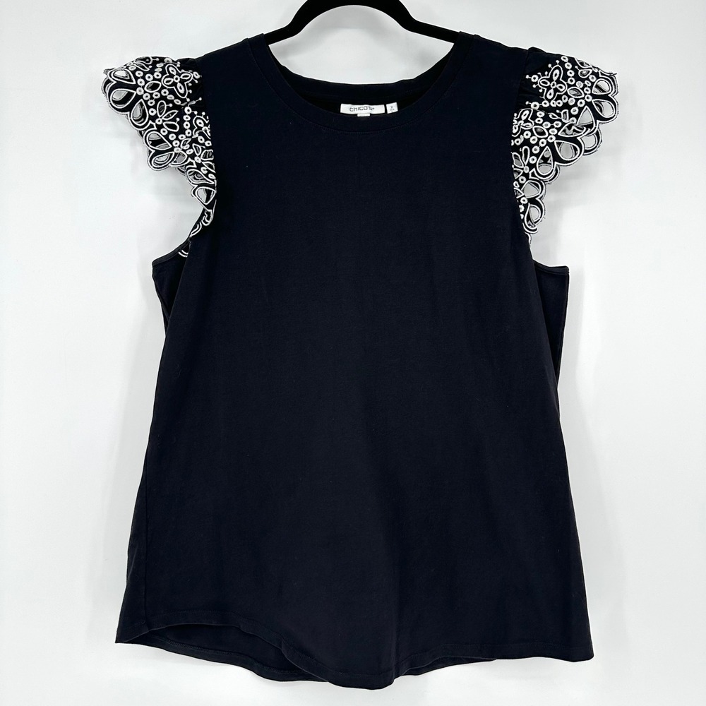 Chico's 2 Black Eyelet Flutter Sleeve Blouse Top Summer Women's L